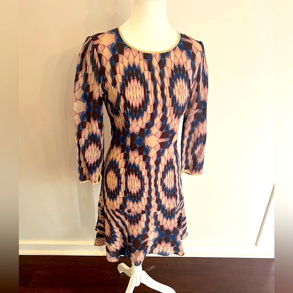Reiss Tan, Pink & Navy Sill Dress, Size 2, NWT
